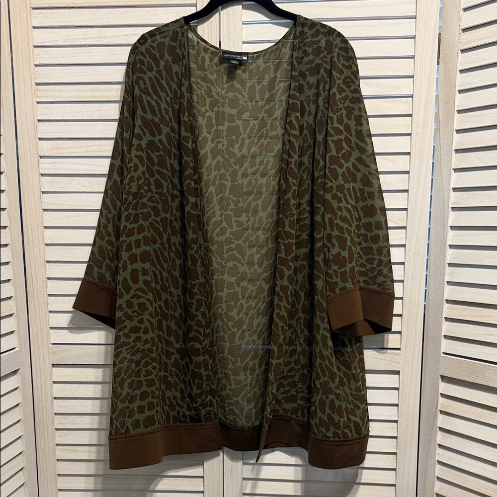 Olive and Brown Open Front Animal Print Kimono Duster 1X